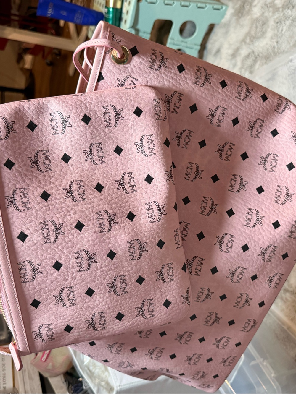 MCM Pink Logo-Print Leather Tote with Matching Pouch